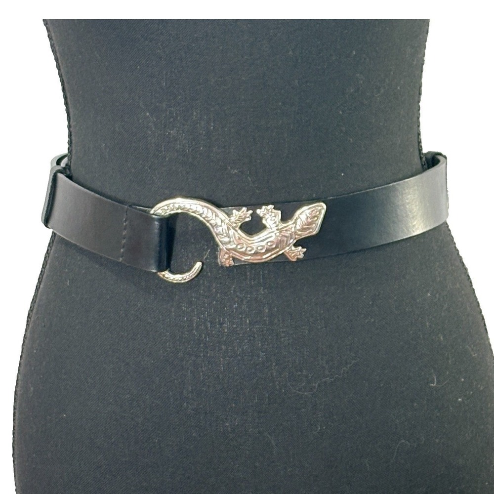Black Leather Belt Lizard Buckle M/L Statement Indie Boho Western Adjustable